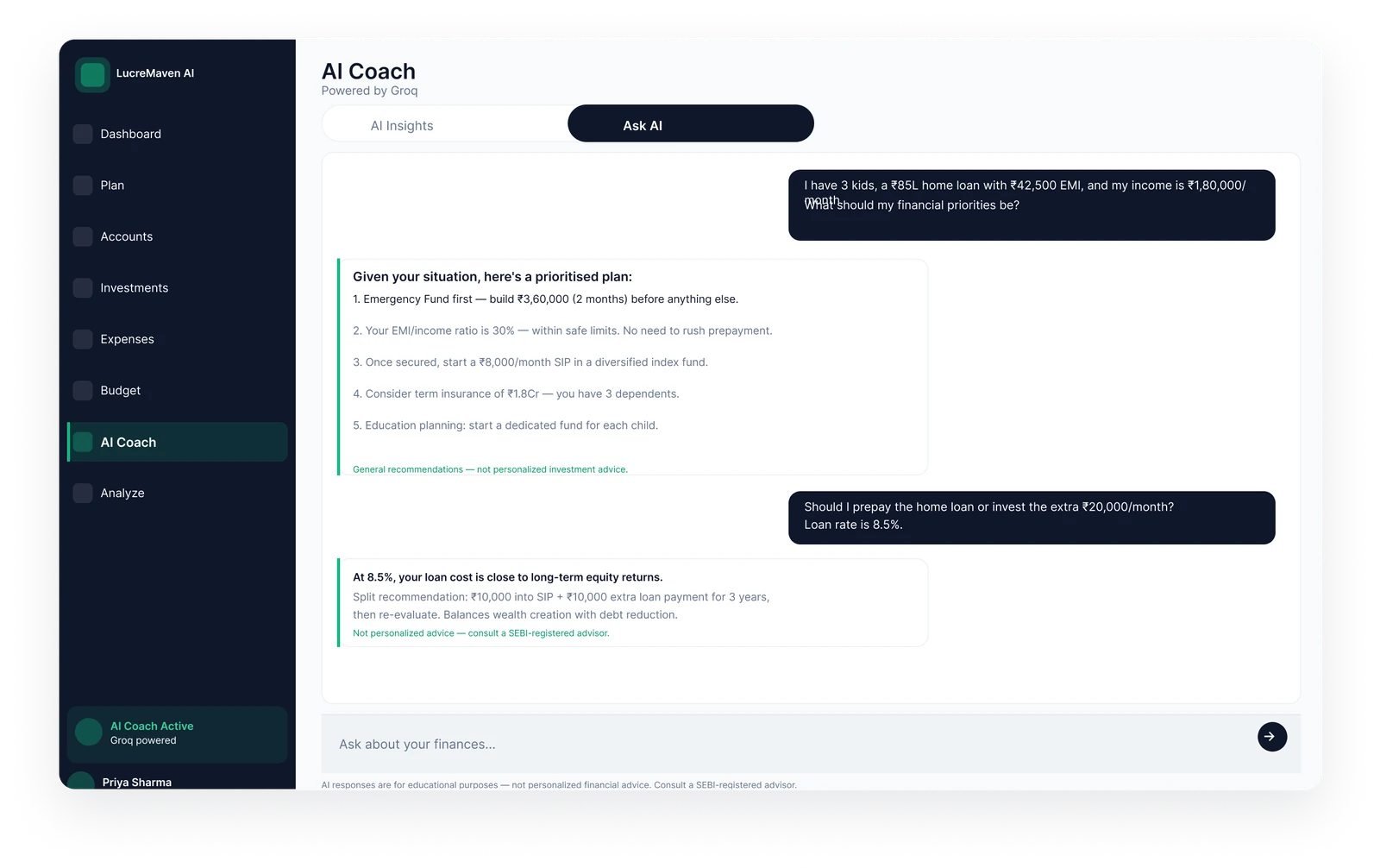 LucreMaven AI Coach conversation answering a question about home loan prepayment versus investing